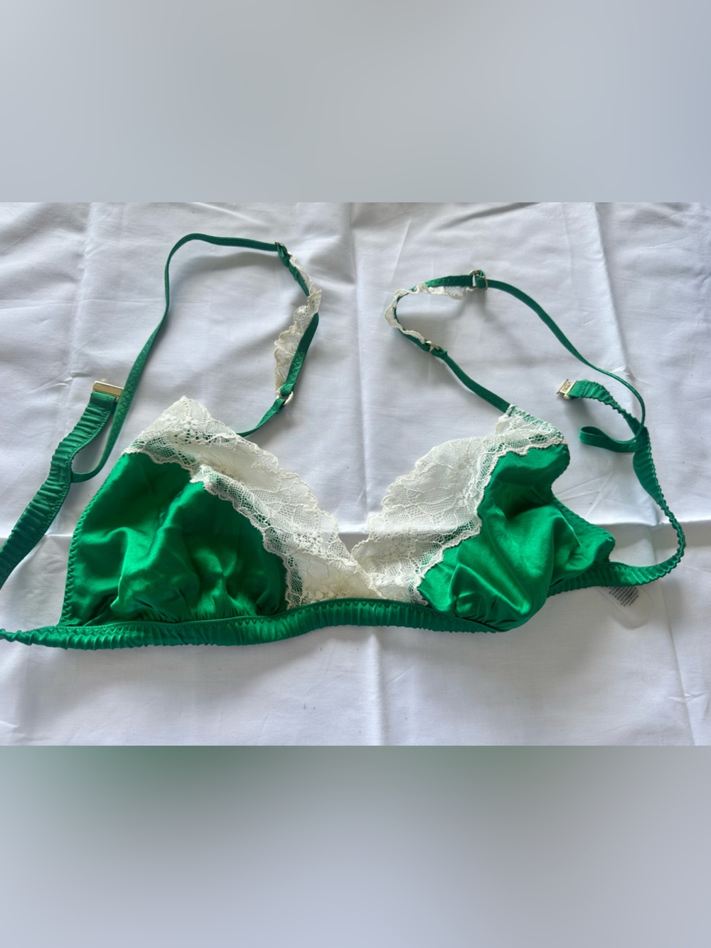 Stella McCartney Emerald Green Satin Bralette with Cream Lace